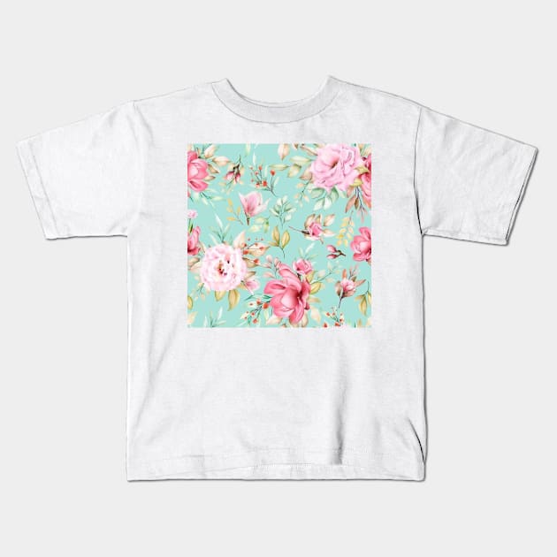 Retro Blue Roses Pattern Kids T-Shirt by Alexander S.